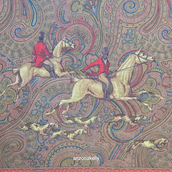 Vintage Ralph Lauren LARGE Wool Square Scarf Shawl Wrap Equestrian Hunting Dogs - Picture 8 of 16